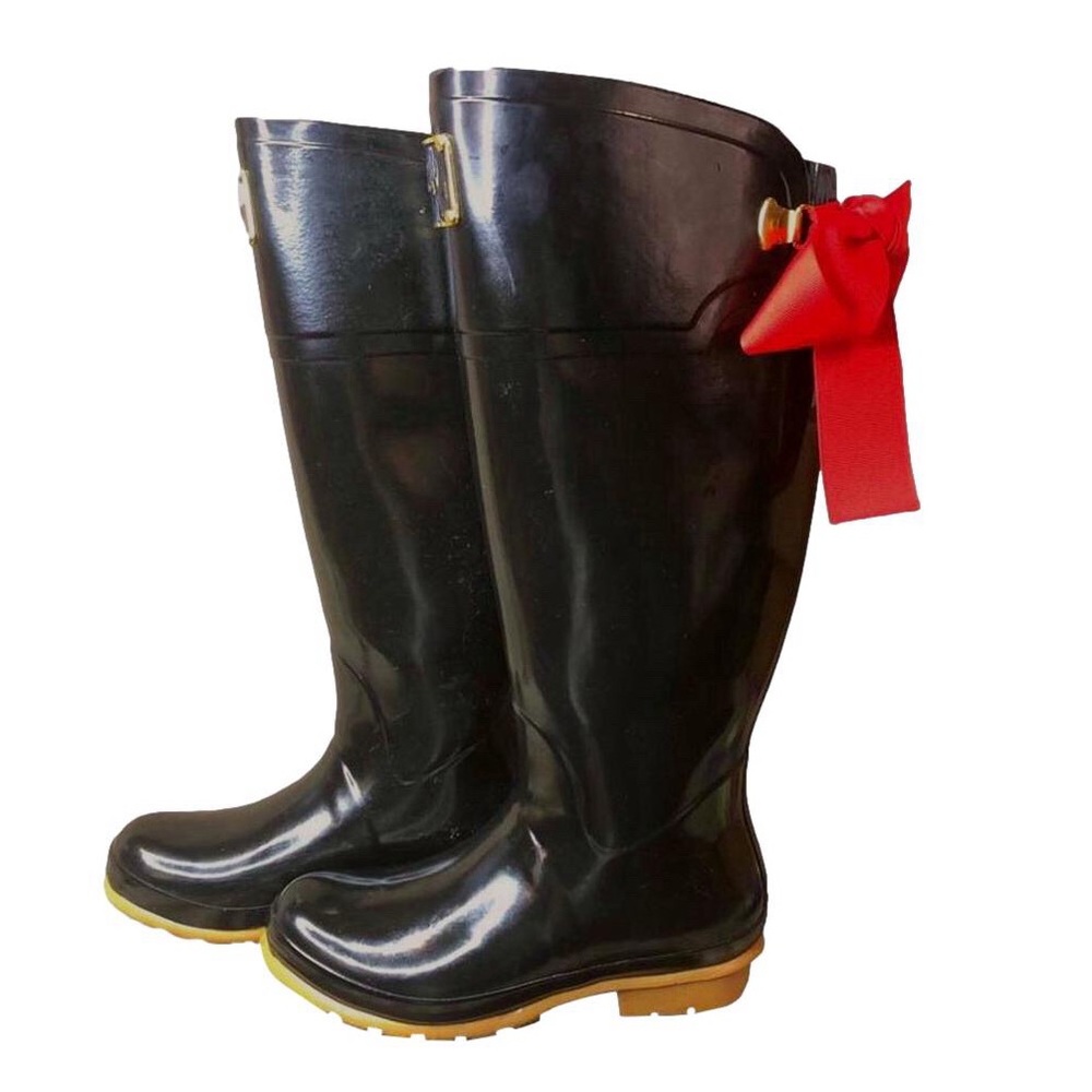 JOULES EVEDON Tall Black Rain Boots with Red Bows US Size 8